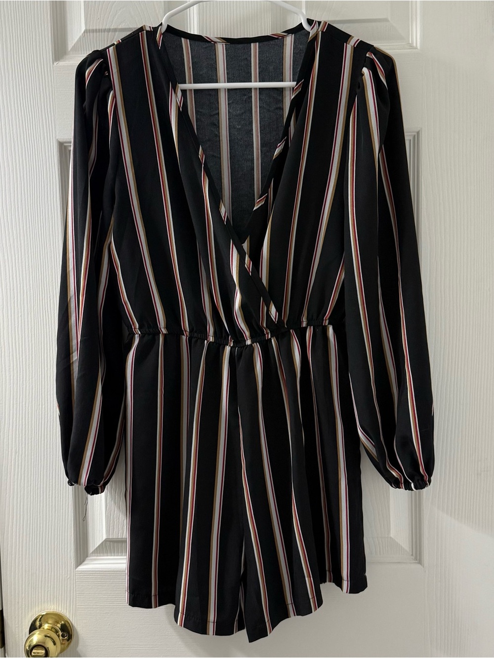Black Striped V-Neck Long Sleeve Romper